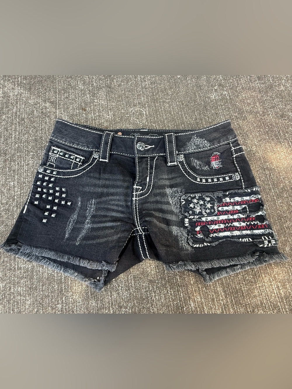Miss Me Black Distressed Jean Shorts with Studs & American Flag Patch